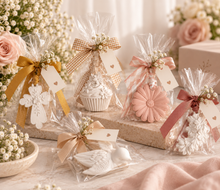Load image into Gallery viewer, Decorated favor bags wrapped in clear cellophane and tied with pastel ribbons, arranged on a marble surface with flowers. The bags contain assorted white and pale pink treats, including a cupcake, flower-shaped item, bird-shaped item, and lace ornament.