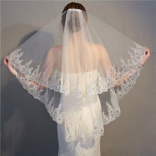 Load image into Gallery viewer, New / unused; White 90cm length 2 Tier Sequins Flower Edge Short Bridal Wedding Veil with Comb.
Rovistella Brides. Bridalwear collection: Wedding Veil / accessory new without tags, a brand-new, unused and unworn item.
2 layers, white short veil with comb made of soft tulle, lace and sequin. Unique lace pattern with shiny sequin, comb easy to attach.
Veil length: elbow. Layer 1 ( 90 cm / 35.4 inch ) + Layer 2 ( 60 cm / 23.6 inch ). Width 100 cm approx. 