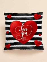 Load image into Gallery viewer, 'Romantic Red Heart Print Striped Cushion Cover with Black and White Strips'  Home decor item a and lovely Saint Valentine's Day gift idea! Material: Polyester Composition: 100% Polyester Color: Multicolour (black, red, white) Filler not included Pattern Type: Heart Type: Pillowcase Size: 45x45 Length (45cm/17.7inch) Width (45cm/17.7cm)