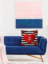 Load image into Gallery viewer, 'Romantic Red Heart Print Striped Cushion Cover with Black and White Strips'  Home decor item a and lovely Saint Valentine's Day gift idea! Material: Polyester Composition: 100% Polyester Color: Multicolour (black, red, white) Filler not included Pattern Type: Heart Type: Pillowcase Size: 45x45 Length (45cm/17.7inch) Width (45cm/17.7cm)
