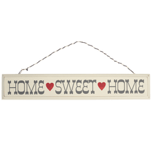 Load image into Gallery viewer, 'Rustic Wooden Home Sweet Home Sign' There's no place like home! Rustic cream wooden wall sign with hearts on a stripey string. Sign reads:  "Home Sweet Home." Hang it on the wall of your home (in the kitchen or the dining room, for example), your guests will love it! Adorable home decor item and gift idea.