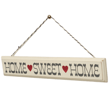 Load image into Gallery viewer, 'Rustic Wooden Home Sweet Home Sign' There's no place like home! Rustic cream wooden wall sign with hearts on a stripey string. Sign reads:  "Home Sweet Home." Hang it on the wall of your home (in the kitchen or the dining room, for example), your guests will love it! Adorable home decor item and gift idea.