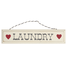 Load image into Gallery viewer, 'Rustic Wooden Laundry Sign' This lovely rustic cream wooden laundry wall sign with hearts on a stripey string is perfect for decorating utility spaces or hanging above a laundry basket.      Origin: shabby chic shop     Condition: new     Material: Wood, Card String     Dimensions: Length 22 cm Height 5 cm     Gift box included