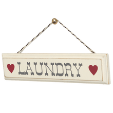 Load image into Gallery viewer, 'Rustic Wooden Laundry Sign' This lovely rustic cream wooden laundry wall sign with hearts on a stripey string is perfect for decorating utility spaces or hanging above a laundry basket.      Origin: shabby chic shop     Condition: new     Material: Wood, Card String     Dimensions: Length 22 cm Height 5 cm     Gift box included