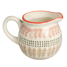 Load image into Gallery viewer, 'Handy Moorish Milk Jug - Marrakesh table decor style' This beautiful Moorish small milk jug, from Morocco, with hand-painted leaves on cream stoneware would make a brilliant present for a foodie friend. Lovely home decor item and gift idea! The item comes in a gift box.      Both dishwasher and microwave safe.  Jug capacity:  1/2 Pint 0.28 L.     Material: Stoneware     Dimensions: Length 12 cm, Height 8 cm, Width 6.5 cm