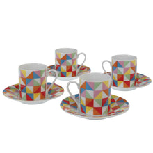 Load image into Gallery viewer, 'Is your kitchen in need of a splash of colour but cannot decide which? Bring a bit of multi-coloured maths to your kitchen with these 4 funky Espresso cups and saucers in Geometric design. Your guests will be impressed by the beauty of these cups!'  Made from super white porcelain, Saucer diameter:11.6cm Cup upper diameter: 5.2cm Cup Height: 5.9cm Microwave and Dishwasher safe Material: Porcelain Dimensions:      Length: 13.5 cm     Height: 11 cm     Width: 15.5 cm