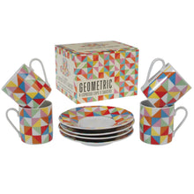 Load image into Gallery viewer, 'Is your kitchen in need of a splash of colour but cannot decide which? Bring a bit of multi-coloured maths to your kitchen with these 4 funky Espresso cups and saucers in Geometric design. Your guests will be impressed by the beauty of these cups!'  Made from super white porcelain, Saucer diameter:11.6cm Cup upper diameter: 5.2cm Cup Height: 5.9cm Microwave and Dishwasher safe Material: Porcelain Dimensions:      Length: 13.5 cm     Height: 11 cm     Width: 15.5 cm