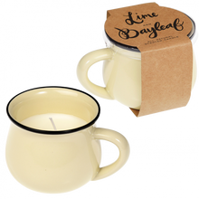 Load image into Gallery viewer, '2 pcs / Set of 2  gorgeous lime and bay-leaf scented candles, presented in an ivory ceramic mug. This stylish candle will fit right in to your kitchen or living room - plus it smells great too. When the candles are all burned out, carefully remove any residue and wash the cups thoroughly, ready to drink your favourite drink!''      Approx. burn time: 30 hours     Also available in blue and mint green.     Material: Card, Ceramic, Palm Wax