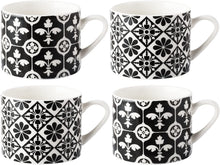 Load image into Gallery viewer, “Encaustic Tile” 4-Piece Set of Fine China Mini Mugs (Coffee espresso cups) by Creative Tops. Enjoy a hot drink with family and friends with this pretty Black and White set of 4 espresso cups, made from fine china in a combination of 2 designs, combining Fleur de Lys and petal pattern. A vintage unique product.  Presented in a stylish old gift box, making it the perfect gift for anyone who loves coffee.