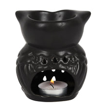 Load image into Gallery viewer, 'Black Owl Oil Burner Charming black owl oil burner which looks beautiful when a lit tealight is placed inside. This burner has a deep bowl making it perfect for using with oils to fragrance the home. This item can also be used as a wax melt burner however it is advisable to consider the size and depth of the bowl when adding wax to ensure it will not overrun the edges when melted. Halloween Home decor and Noir style gift idea.  Material: Ceramic