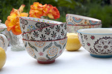 Load image into Gallery viewer, Set of 3 beautiful Barcelona design Moorish style small stoneware bowls with hand-painted flowers on cream stoneware. These articles would make a brilliant present for a foodie friend. Both dishwasher and microwave safe. Gift idea - Table decoration collection. Material: Stoneware (Kitchenware ornament) Length: 11 cm X Height: 7.5 cm X Width: 11 cm