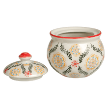 Load image into Gallery viewer, This beautiful stoneware Barcelona design sugar bowl with hand-painted flowers on cream stoneware would make a brilliant present for a foodie friend. Both dishwasher and microwave safe. Moorish style. Gift idea (table decoration collection). Material: Stoneware (kitchenware ornament) Dimensions: Length: 9 cm X Height: 11 cm X Width: 9 cm