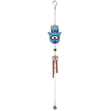 Load image into Gallery viewer,  'Blue Hand of Hamsa Windchime' - Stunning windchime, elegant gift idea would make a great addition to an outdoor zen den or meditation garden. In many cultures the Hand of Hamsa represents the Hand of God and is seen as a protective symbol. Hang it in the garden area, will give a touch of mystic style to your home. Lovely home decor item.      Material: Metal     Dimensions: H67cm X W9cm X D4cm     The items comes in a gift envelop.