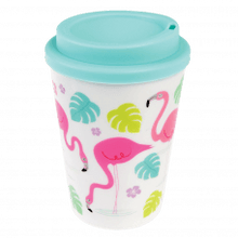 Load image into Gallery viewer, 'Reusable plastic mug in original Pink Flamingo Bay print - Drink your favourite drinks with this lovely travel mug. Make your coffee time stylish drinking from this colorful, cool and handy mug. Lovely gift idea, perfect present for flaming lovers'.  Details  - Holds approx. 350ml  - Dishwasher safe (top rack only)  - Not for microwave  - BPA free plastic  Dimensions: Length 9.5cm Height 13.5 cm Width 9.5cm