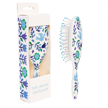 Load image into Gallery viewer, 'Lovely Folk Doves brush: this portable hairbrush is lightweight and you can use it both at home and keep it in your bag in case you need it! Many use it as an object of decorum. Pair it with portable mini limes of the same design!'      Material: Card, Plastic     Dimensions: Length: 17.5 cm Height: 3.5 cm Width: 5.5 cm     Colour: White, Blue, Light Blue and green