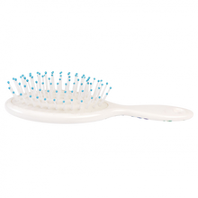 Load image into Gallery viewer, 'Lovely Folk Doves brush: this portable hairbrush is lightweight and you can use it both at home and keep it in your bag in case you need it! Many use it as an object of decorum. Pair it with portable mini limes of the same design!'      Material: Card, Plastic     Dimensions: Length: 17.5 cm Height: 3.5 cm Width: 5.5 cm     Colour: White, Blue, Light Blue and green