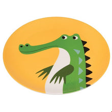 Load image into Gallery viewer, 'Bill The Crocodile Melamine Plate - This Colourful Creatures design is popular with both boys and girls, it can be used both at school or at home, easy to wash, a light plate of weight to carry with you. This Crocodile plastic plate goes perfectly with the matching children's kitchenware: find the beaker, bowl and cutlery as well and give this gift as part of a set!'      Dishwasher safe     Not for microwave