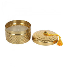 Load image into Gallery viewer, '3 pcs - Kasbah scented Candlepots with Tassle' This fragranced candle set come in a gold tone candle-pots with hammer effect texture. A coloured tassel finishes off this elegant candle. Sold in multiples of 3, one of each fragrance: red tassel is Sandalwood, orange is Morning Blossom and yellow is Jasmine. Give an elegant oriental style to your home with these decorative candles'.      Size: H 10cm x W 11.99cm x D 8cm     Weight: 30g each     Gift box included