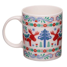 Load image into Gallery viewer, Gorgeous porcelain Scandinavian style Christmas Winter mug cosy cup  with flowers and colorful reindeer. Home decoration item, elegant gift idea.      Material: Porcelain     Food Safe: Yes     Microwave Safe: Yes     Dishwasher Safe: Yes     Volume: 300ml     Dimensions: Height 9cm Width 11.5cm Depth 8cm