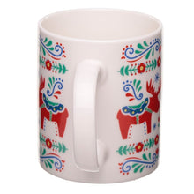 Load image into Gallery viewer, Gorgeous porcelain Scandinavian style Christmas Winter mug cosy cup  with flowers and colorful reindeer. Home decoration item, elegant gift idea.      Material: Porcelain     Food Safe: Yes     Microwave Safe: Yes     Dishwasher Safe: Yes     Volume: 300ml     Dimensions: Height 9cm Width 11.5cm Depth 8cm