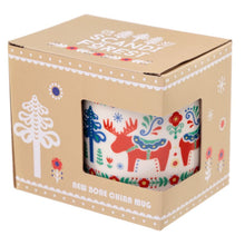 Load image into Gallery viewer, Gorgeous porcelain Scandinavian style Christmas Winter mug cosy cup  with flowers and colorful reindeer. Home decoration item, elegant gift idea.      Material: Porcelain     Food Safe: Yes     Microwave Safe: Yes     Dishwasher Safe: Yes     Volume: 300ml     Dimensions: Height 9cm Width 11.5cm Depth 8cm