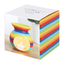 Load image into Gallery viewer, COLOURFUL RAINBOW STRIPE OIL BURNER - This ceramic oil burner with vibrant rainbow stripes can be used with both fragrance oils and wax melts to fragrance the home. Home decor item and cool gift idea. Colour: Multicolour Material: Ceramic Dimensions: H10.5cm X W10cm X D10cm Weight 342g