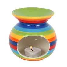 Load image into Gallery viewer, COLOURFUL RAINBOW STRIPE OIL BURNER - This ceramic oil burner with vibrant rainbow stripes can be used with both fragrance oils and wax melts to fragrance the home. Home decor item and cool gift idea. Colour: Multicolour Material: Ceramic Dimensions: H10.5cm X W10cm X D10cm Weight 342g