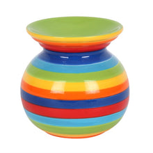 Load image into Gallery viewer, COLOURFUL RAINBOW STRIPE OIL BURNER - This ceramic oil burner with vibrant rainbow stripes can be used with both fragrance oils and wax melts to fragrance the home. Home decor item and cool gift idea. Colour: Multicolour Material: Ceramic Dimensions: H10.5cm X W10cm X D10cm Weight 342g