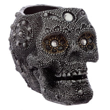 Load image into Gallery viewer, 2 romantic gothic noir style Silver Beaded Skull Head Tea Light Holders. Home decor item and Halloween gift idea (Mexican design - day of the dead skulls). Material: Resin Candle Type: Tea Light Candle Included: No Dimensions: Height 6cm Width 5.5cm Depth 8cm  Scented Tealight Candles included