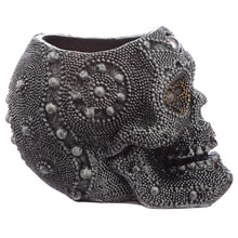 Load image into Gallery viewer, 2 romantic gothic noir style Silver Beaded Skull Head Tea Light Holders. Home decor item and Halloween gift idea (Mexican design - day of the dead skulls). Material: Resin Candle Type: Tea Light Candle Included: No Dimensions: Height 6cm Width 5.5cm Depth 8cm  Scented Tealight Candles included