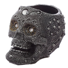 Load image into Gallery viewer, 2 romantic gothic noir style Silver Beaded Skull Head Tea Light Holders. Home decor item and Halloween gift idea (Mexican design - day of the dead skulls). Material: Resin Candle Type: Tea Light Candle Included: No Dimensions: Height 6cm Width 5.5cm Depth 8cm  Scented Tealight Candles included