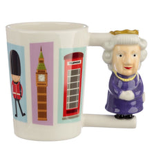 Load image into Gallery viewer, 'Ceramic Elizabeth II Queen Shaped Handle Mug' In honour of the Queen's 95th birthday, Rovistella has this beautiful Londoner cup in the bazaar: on the handle there is, beautifully designed, her Majesty Elizabeth II Queen of England, a true icon of elegance! The Queen loves tea time. Drinking your favourite hot drinks from this mug will be a bit like staying in a tea room with the Royals! Lovely gift and perfect English souvenir.