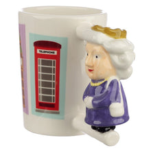 Load image into Gallery viewer, 'Ceramic Elizabeth II Queen Shaped Handle Mug' In honour of the Queen's 95th birthday, Rovistella has this beautiful Londoner cup in the bazaar: on the handle there is, beautifully designed, her Majesty Elizabeth II Queen of England, a true icon of elegance! The Queen loves tea time. Drinking your favourite hot drinks from this mug will be a bit like staying in a tea room with the Royals! Lovely gift and perfect English souvenir.