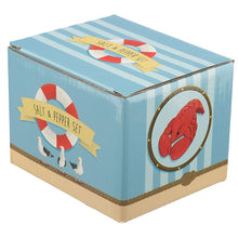 Load image into Gallery viewer, 1 pair of Lobster and Lobster Pot Ceramic Salt and Pepper Set. Part of the summertime kitchenware collection, lovely table decor item and gift idea. Put it at the table during a lunch at sea, your guests will love it!      Material: Ceramic     Dimensions: Height 4.5cm Width 6-9cm Depth 6-11cm Weight: 0.250Kg     Food Safe: Yes     Dishwasher Safe: No     Microwave Safe: No     Decorative Use Only: Yes     The items come in a gift box