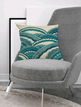 Load image into Gallery viewer,  'Sea Wave Printed Cushion' Fancy summer and comfort? Choose this beautiful boho style cushion with summer designs that recall the colours of the sea! In shades of blue, fashionable and relaxing pillow! Perfect for sofa, beds and armchairs. Gift idea for home décor lovers.      Material: 100% Polyester     Size: Length 45cm/17.7inch Width 45cm/17.7inch     Color: Multicolour (Blue tones)     Pattern Type: Graphic     Type: Pillowcase     No filler included