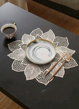 Load image into Gallery viewer, '2 pieces - Stylish Leaf and Lotus Shaped Hollow Placemats' a table accessory to decorate the tables of beautiful and charming houses!      Colour: Gold & Champagne     Pattern Type: Floral     Type: Placemat     Material: PVC/ Plastic