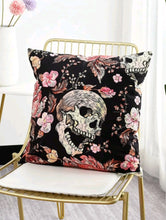 Load image into Gallery viewer, Glamorous Fashion Trendy Skull & Flowers Print Cushion Cover - gothic Romantic Noir home decor item and gift idea for Halloween and the day of the dead night. The item comes in a gift bag. Material: Polyester Composition: 100% Polyester Colour: Multicolour Pattern Type: Floral Type: Pillowcase Size: Length 45cm/17.7 inch X Width 45cm/17.7 inch