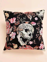 Load image into Gallery viewer, Glamorous Fashion Trendy Skull & Flowers Print Cushion Cover - gothic Romantic Noir home decor item and gift idea for Halloween and the day of the dead night. The item comes in a gift bag. Material: Polyester Composition: 100% Polyester Colour: Multicolour Pattern Type: Floral Type: Pillowcase Size: Length 45cm/17.7 inch X Width 45cm/17.7 inch