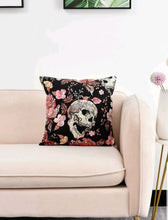 Load image into Gallery viewer, Glamorous Fashion Trendy Skull & Flowers Print Cushion Cover - gothic Romantic Noir home decor item and gift idea for Halloween and the day of the dead night. The item comes in a gift bag. Material: Polyester Composition: 100% Polyester Colour: Multicolour Pattern Type: Floral Type: Pillowcase Size: Length 45cm/17.7 inch X Width 45cm/17.7 inch