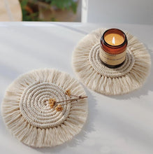 Load image into Gallery viewer, '2 pcs - Modern Macrame Cream Coasters - These coasters in Arabic style, created with knotting techniques, will give an oriental atmosphere to any environment (kitchen table, bedside table, sitting room or office desk). These textiles can be used as a multifunctional mats, making your home tables very trendy!'      Soft fabric: Cotton rope     Colour: Cream     Size: (x 15.5 x 5) cm; Weight: 218 gr.