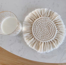 Load image into Gallery viewer, '2 pcs - Modern Macrame Cream Coasters - These coasters in Arabic style, created with knotting techniques, will give an oriental atmosphere to any environment (kitchen table, bedside table, sitting room or office desk). These textiles can be used as a multifunctional mats, making your home tables very trendy!'      Soft fabric: Cotton rope     Colour: Cream     Size: (x 15.5 x 5) cm; Weight: 218 gr.