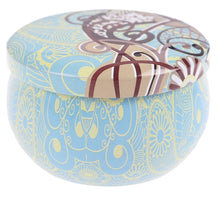 Load image into Gallery viewer, 'Cute gold metal candle holder and 1 light blue soya scented candle in a pot'. This adorable candle is made by flowery wax and comes in a decorated tin box which will rest on the elegant candle stand. Candle set handy and very posh! Lovely gift idea and home decor item, perfect present for candle lovers!      Handmade soy wax natural style home decoration     Color: Gold and light blue     Composition: 100% Iron     Size: Height : 4.5 cm/1.8cm Diameter : 7 cm/2.8cm
