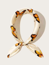 Load image into Gallery viewer, Orange Butterfly Pattern Foulard / Bandana / Headpiece and mini scarf accessory. Give a touch of elegance dolce vita style to you outfit! Lovely gift idea for butterfly lovers. Color: Multicolor Pattern Type: Animal Style: Casual Type: Bandana Material: Polyester Composition: 100% Polyester Size: Length 55 cm /21.7 inch X Width 55cm /21.7 inch