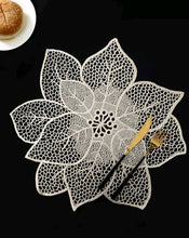 Load image into Gallery viewer, '2 pieces - Stylish Leaf and Lotus Shaped Hollow Placemats' a table accessory to decorate the tables of beautiful and charming houses!      Colour: Gold & Champagne     Pattern Type: Floral     Type: Placemat     Material: PVC/ Plastic