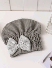 Load image into Gallery viewer, 'Bath accessories Fashion House Hat' feel like a classy woman even when you are at home alone dedicating yourself to personal care! Use this gorgeous greyish coloured hair drying cap after a relaxing bath or shower anti-stress! The bow makes it so fashionable! Secret: some also use it as a hat in the warm season like spring and summer.      Pattern Type: Plain     Color: Grey     Material: 100% Superfine Fiber     Size: one-size (Length 21cm X Width 26cm)
