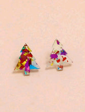 Load image into Gallery viewer, Christmas Tree Design Stud Earrings - Pair of Christmas coloured simil resin glitter earrings in the shape of a Christmas tree! Unisex festive accessory. Glamorous funny gift idea. Material: Acrylic Color: Multicolour Type: Stud Style: Boho Size: Eardrop Height 1.8 (0.7 inch) X Eardrop Width 1.6 cm (0.6 inch)