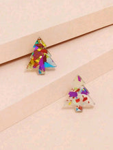 Load image into Gallery viewer, Christmas Tree Design Stud Earrings - Pair of Christmas coloured simil resin glitter earrings in the shape of a Christmas tree! Unisex festive accessory. Glamorous funny gift idea. Material: Acrylic Color: Multicolour Type: Stud Style: Boho Size: Eardrop Height 1.8 (0.7 inch) X Eardrop Width 1.6 cm (0.6 inch)