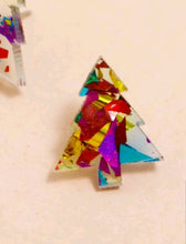 Load image into Gallery viewer, Christmas Tree Design Stud Earrings - Pair of Christmas coloured simil resin glitter earrings in the shape of a Christmas tree! Unisex festive accessory. Glamorous funny gift idea. Material: Acrylic Color: Multicolour Type: Stud Style: Boho Size: Eardrop Height 1.8 (0.7 inch) X Eardrop Width 1.6 cm (0.6 inch)