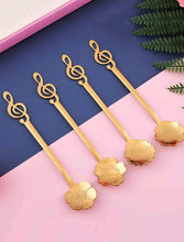 Load image into Gallery viewer,  '4 pcs of this adorable music spoon set with floral design! Match it with other Rovistella's item such as the espresso cups and make your guests surprised by the beauty of this set!'      Colour: Gold     Pattern Type: Floral/Music     Type: Spoon     Material: Stainless Steel (dry it well after washing by hand)     Size: Length 13.5 cm (5.3 inch) X Width 2.8cm (1.1inch)