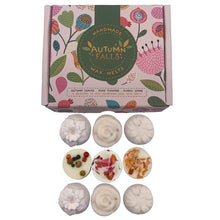 Load image into Gallery viewer, 'Gift-set of 9 Handmade Soya Wax Melts - Botanical style' Adorable waxed flowers to melt on wax burner. Please reseal the bag where the soy wax melts are kept to retain the fragrance of the remaining melts. Light a tea light candle in the base of the oil burner and allow the wax to melt - when melted a delightful aroma will be released into the room - not edible product. Collection Autumn/Fall. Warm colours. Scented Self care item and gift idea.
